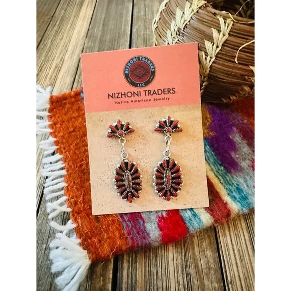 Handcrafted Coral & Sterling Silver Cluster Dangle Earrings